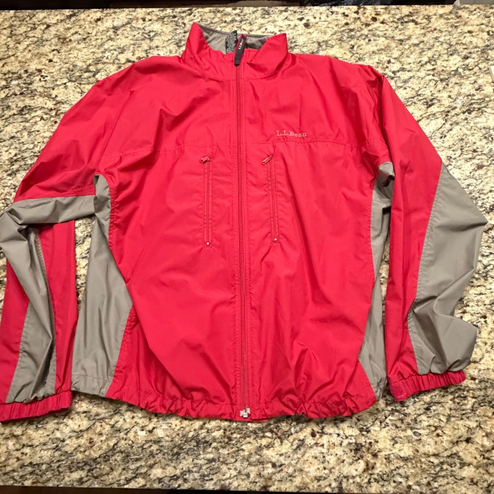 LL Bean Outdoors Men Red Gray Windbreaker Ripstop Full Zip Jacket Large OKD07